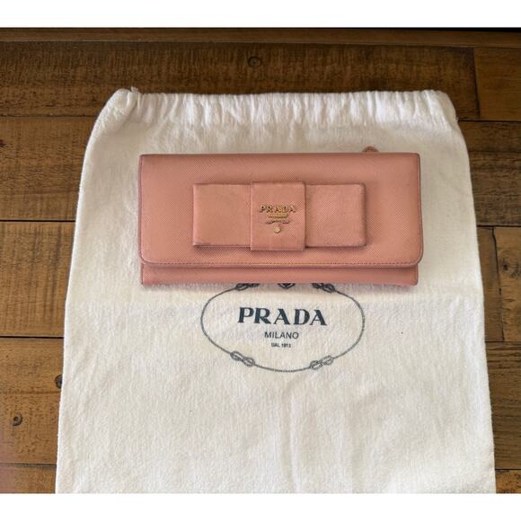 PRADA Pink Saffiano Leather Continental Bow Wallet With Dust Bag